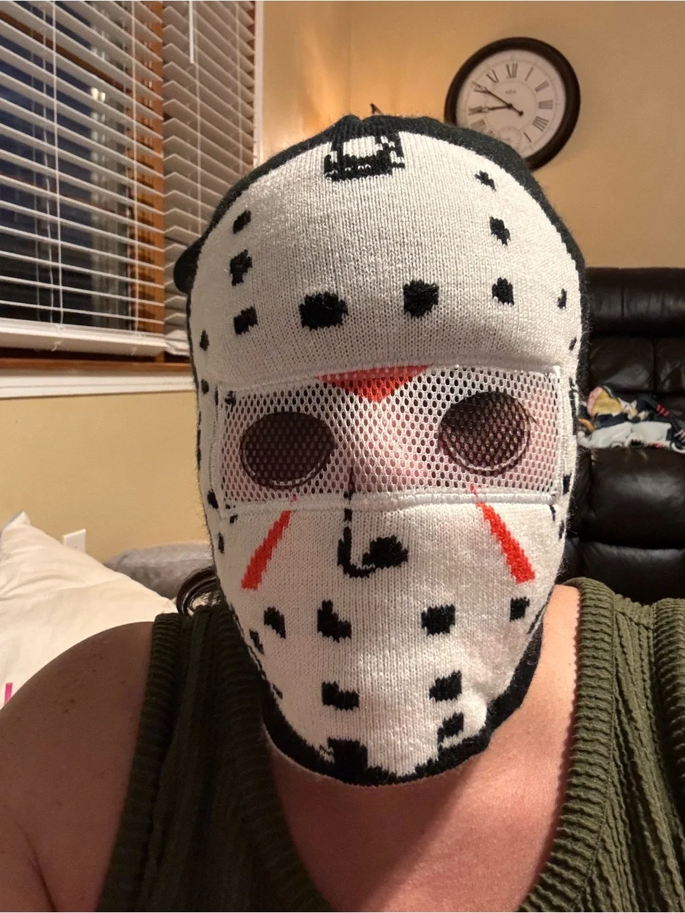Black & White “Friday the 13th”Hockey Mask Beanie with Red Accents